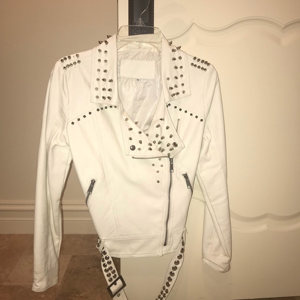 Faux white leather studded jacket with belt Medium